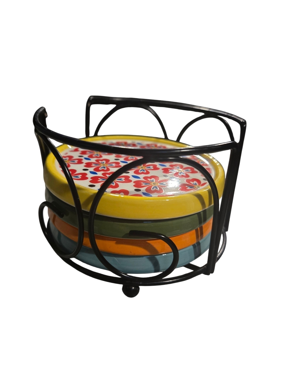 Pioneer Woman Colorful Ceramic Coaster Set with Black Iron Holder